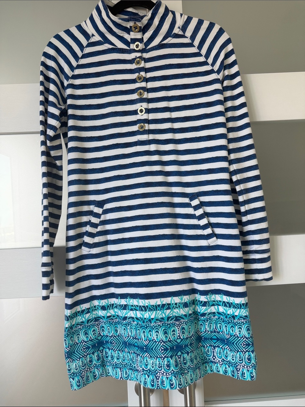 Lilly Pulitzer Navy & White Striped Pullover Dress with Turquoise Trim  Small